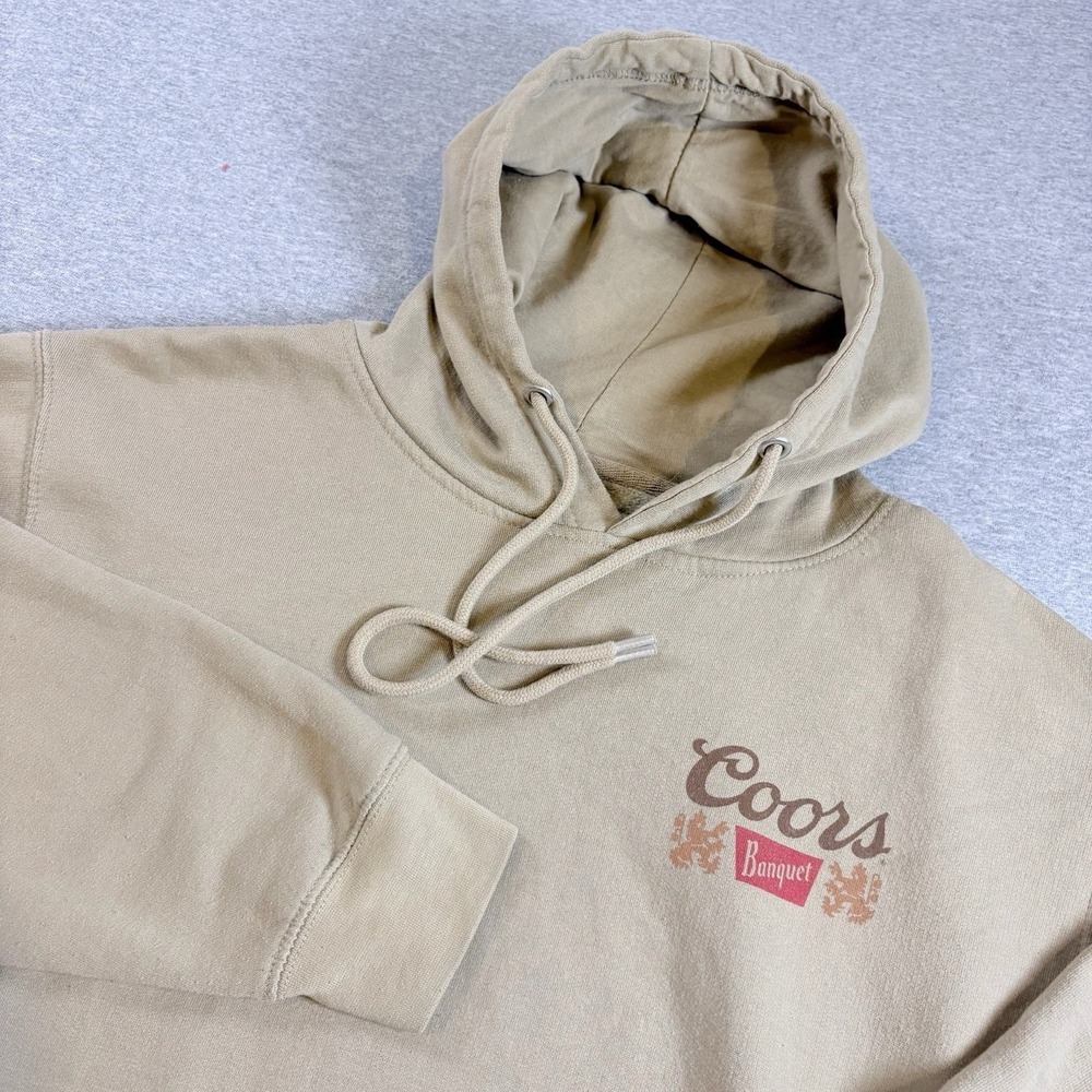 Coors Banquet Khaki Fleece Pullover Hoodie Men's Logo Graphic Print Size M Beer